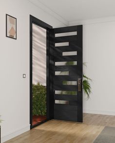 an open black door in the middle of a room with potted plants on either side