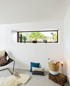 a living room filled with furniture next to a window and cactus plants on the wall