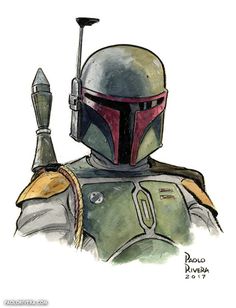 the boba fett from star wars is shown in this watercolor and ink drawing