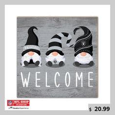 a welcome sign with three gnomes in black and white hats, one wearing a striped hat