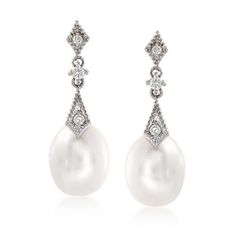 8mm Cultured Pearl and .10 ct. t.w. Diamond Drop Earrings in 14kt White Gold Champagne Gold Color, Tahitian Pearl Pendant, Cultured Pearl Ring, Cultured Pearl Bracelet, Custom Jewelry Ideas, Pearl And Diamond Earrings, Beaded Drop Earrings, Diamond Drop Earrings, Diamond Drops