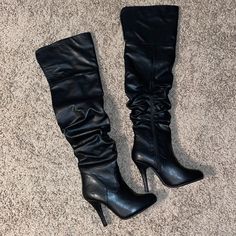 Brand New Never Worn Black Faux Leather Knee High Boots Perfect Condition Size 5.5 Trendy Faux Leather Knee-high Boots For Night Out, Casual Leather Knee-high Boots For Night Out, Wide Calf Synthetic Boots For Night Out, Casual Synthetic Heeled Boots For Night Out, Trendy Fitted Forever 21 Boots, Casual Faux Leather Knee-high Boots For Party, Forever 21 Boots For Fall Party, Edgy Synthetic Boots For Night Out, Forever 21 Party Boots For Fall