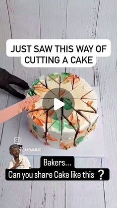 a cake that has been cut into pieces and is being watched by someone with a knife