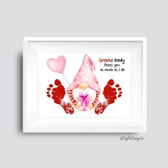 a painting of a pink gnome holding a heart shaped balloon with the words grandma - baby on it