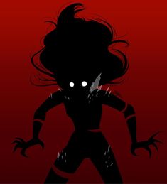 the silhouette of a woman with glowing eyes and claws on her head, standing in front of a red background