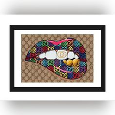 a painting of a colorful lips with gucci logo on it