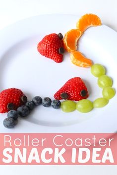 a white plate topped with fruit and veggies next to the words roller coaster snack idea