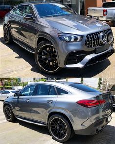 two pictures of the front and back of a silver mercedes suv, one with black wheels