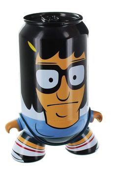 a large can with a cartoon character on it's face and legs, sitting in front of a white background