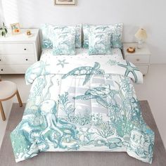 This 7 pieces comforter set is a luxurious and complete bedding ensemble designed to enhance your sleep experience and beautify your bedroom. This comprehensive set includes 1 comforter (68"x90"),1 fitted sheet (39x75x16"),1 flat sheet (96"x67"),2 rectangular pillowcases (20"x30"),2 square pillow shams (18"x18"),providing everything you need for a cozy and stylish bed. Crafted with utmost comfort in mind,this comforter set guarantees a peaceful and restful sleep night after night. The high-quali Under The Sea Bedroom, Sea Bedrooms, Mermaid Room Decor, Beach Bedding Sets, Best Bedding Sets, Mermaid Room, Beach Bedding, Boat Anchor, Twin Bed Sets