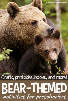 two brown bears standing next to each other in the woods with text overlay reading crafts, printables, books and more bear - themed activities for preschoolers