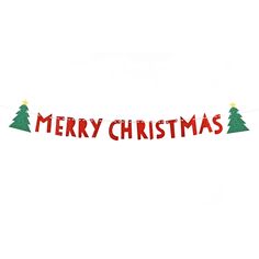 a merry christmas banner hanging from the side of a white wall with trees on it