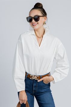 Abbie Shirt, White - New Arrivals - The Blue Door Boutique Fall Puff Sleeve Shirt For Day Out, Oversized Long Sleeve Blouse With Ruffles, Blue Door, Long Balloons, Fall Shopping, Shirt White, Ruffle Trim, Black Fabric, Boutique Clothing