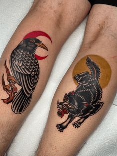 two men with tattoos on their legs, one has a wolf and the other has a bird