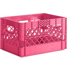 a pink plastic crate is shown on a white background