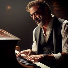 a man sitting at a piano with his hands on the keyboard and looking to the side