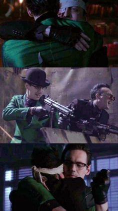 the green hornet movie is shown in three different frames, one with an arrow and another with