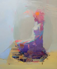 an abstract painting of a woman sitting in a chair