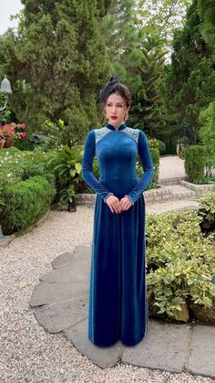 Blue velvet modern party ao dai – LAHAVA Traditional Long Sleeve Ao Dai For Banquet, Formal Fitted Floor-length Ao Dai, Formal Floor-length Fitted Ao Dai, Elegant Embroidered Ao Dai For Evening, Elegant Long Sleeve Embroidered Ao Dai, Elegant Embroidered Ao Dai For Party, Festive Long Sleeve Evening Ao Dai, Fitted Long Sleeve Ao Dai For Banquet, Fitted Long Sleeve Cheongsam For Evening