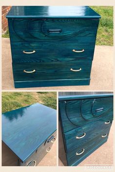 an old dresser has been painted blue and gold