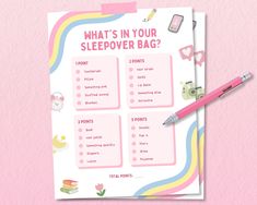 what's in your sleepover bag? poster with pink background and rainbow stripes