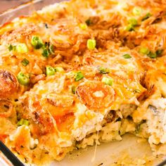 a casserole dish with meat, cheese and vegetables