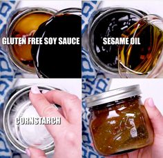 four pictures showing how to make gluten free soy sauce in a mason jar