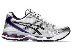 Women's GEL-KAYANO 14 | White/Dark Grape | Sportstyle Shoes | ASICS Purple Asics, Late 2000s Aesthetic, Asics Gel 1130, Retro Running Shoes, Running Silhouette, Sneaker Trend, Shoes Asics, Gel Lyte Iii, Asics Women Gel