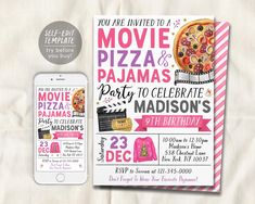 this is an image of a movie birthday party with pizza and movie tickets on it