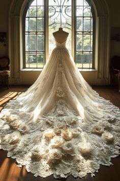 a wedding dress is displayed in front of a window with flowers on the floor below