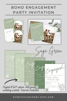 four shades of dusty green invitations, optional qr code, shows mix and match color options and photo for the back of the invite with wildflowers and arched design Sage Green Engagement Party, Green Engagement Party, Winter Engagement Party, Rsvp Qr Code, Sage Green Wedding Colors, Bohemian Wedding Theme