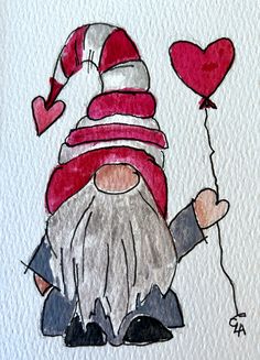 a drawing of a gnome holding a heart balloon