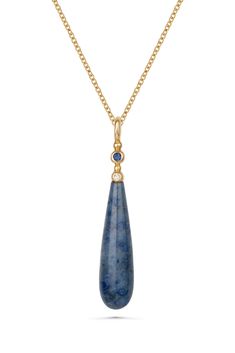 Gold & Stone Necklace - An elegant, 18k gold pendant featuring a long sodalite bead accented with a 2.3mm blue sapphire and brilliant diamond. Lobster clasp closure. <br>Diamond: 0.15ct, VS/G+ Elegant Lapis Lazuli Faceted Necklace, Elegant Sodalite Gemstone Jewelry, Gold Stone Necklace, Artful Home, Gold Stone, Sapphire Necklace, Art Deco Era, Pearl Diamond, Drop Pendant