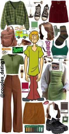 A collage of clothing and accessories used to create a Shaggy (Scooby Doo) DIY costume. Lots of greens and browns. Group costume. Shaggy Scooby Doo Outfit Ideas, 70s Scooby Doo Outfits, Scooby Shaggy Costume, Shaggy From Scooby Doo Costumes, Shaggy Womens Costume, Shaggy Inspired Outfits Scooby Doo