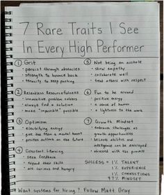 a notebook with some writing on it that says 7 rare trails i see in every high performer