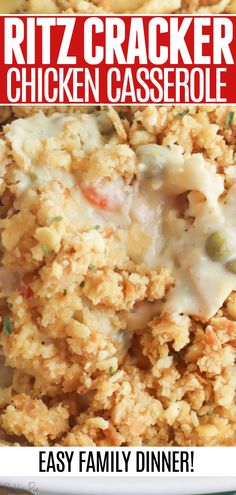 a close up of a plate of food with the words ritz cracker chicken casserole