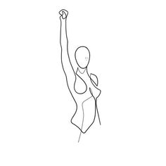 a line drawing of a woman reaching up to catch a frisbee in the air