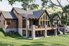 this is an artist's rendering of a house in the woods with stone and wood accents