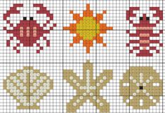 four cross stitch designs in different colors and sizes, each with an insect on it