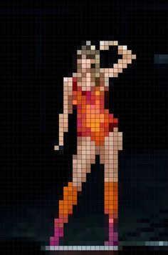 a pixellated image of a woman in an orange outfit and pink boots with her hands behind her head