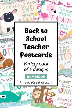 Back to school teacher postcards by Amanda Creation.  Variety pack of 6 designs.  Buy now.  Image shows the 6 colorful designs which include a sheep, flamingo, otter, chickens, whale and big foot.  all with pun filled sayings. Valentine Postcards