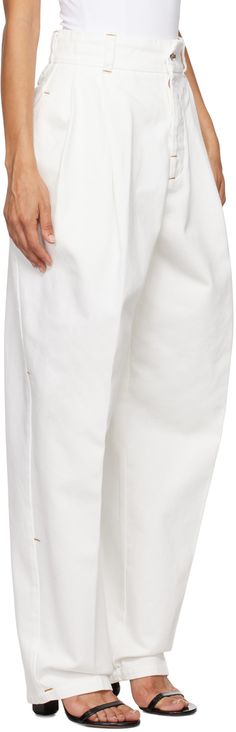 Relaxed-fit, wide-leg, and tapered non-stretch denim jeans. · High-rise · Belt loops · Four-pocket styling · Button-fly · Pleats at front · Logo-engraved silver-tone hardware · Contrast stitching in tan Part of the La Casa collection. Supplier color: Off-white White Wide Leg Pants With Welt Pockets, White Straight Jeans With Side Pockets, White Cropped Wide Leg Pants With Pockets, White Cotton Jeans With Welt Pockets, White Cotton Wide Leg Pants With Belt Loops, White Cropped Wide Leg Cotton Pants, White Wide Leg Pants With Pockets And Straight Hem, Silver Engraving, Contrast Stitch