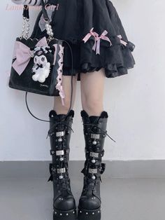 Black and White Color Matching Lolita Sweet Hottie Punk Goth Style Boots Round Toe Silver Buckle Character Group, Group Project, Goth Style, Black And White Color, Style Boots, Punk Goth, Black And White Colour