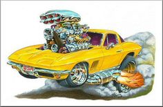 a drawing of a yellow car with the hood up and flames coming out of it