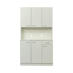 a white cabinet with three doors and two cupboards on the bottom, against a white background