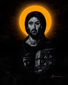 jesus holding an electronic device in front of a yellow circle with the sun behind him