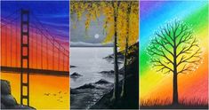 four different paintings with trees and the colors of rainbows, blue, green, yellow, orange, and red