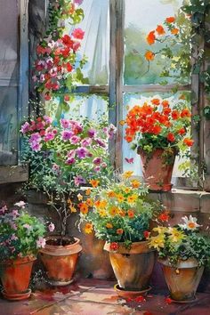 an oil painting of flowers in pots by a window