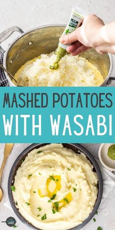 mashed potatoes with wasabii in a pan on the stove, being stirred by a hand