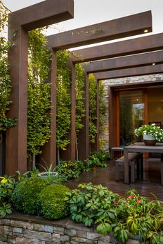 an outdoor living area with plants and trees